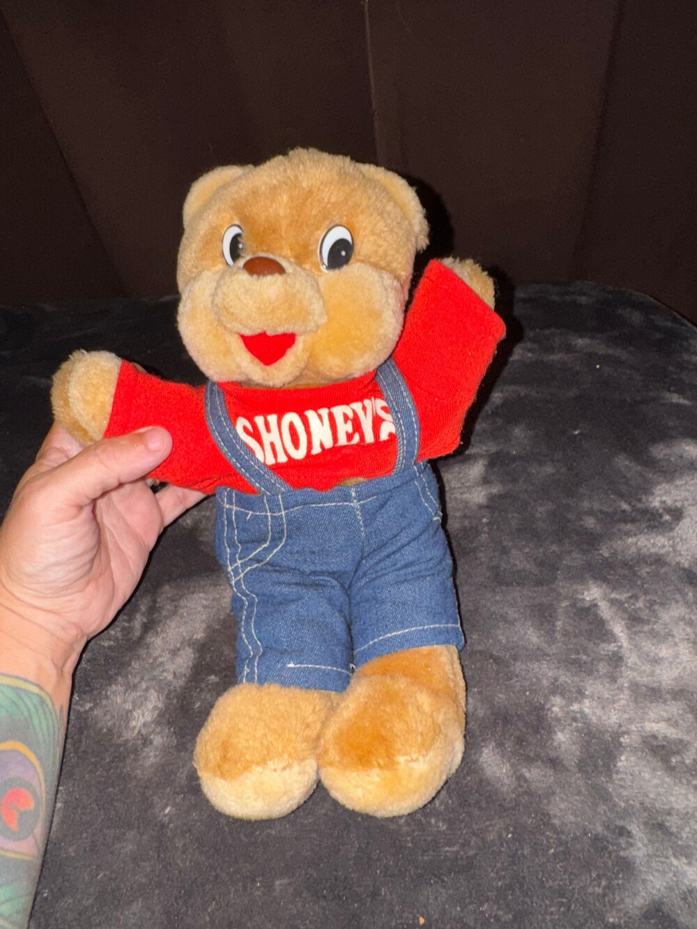 Shoney's Plush Bear Red Shirt Denim Overalls Soft Toy